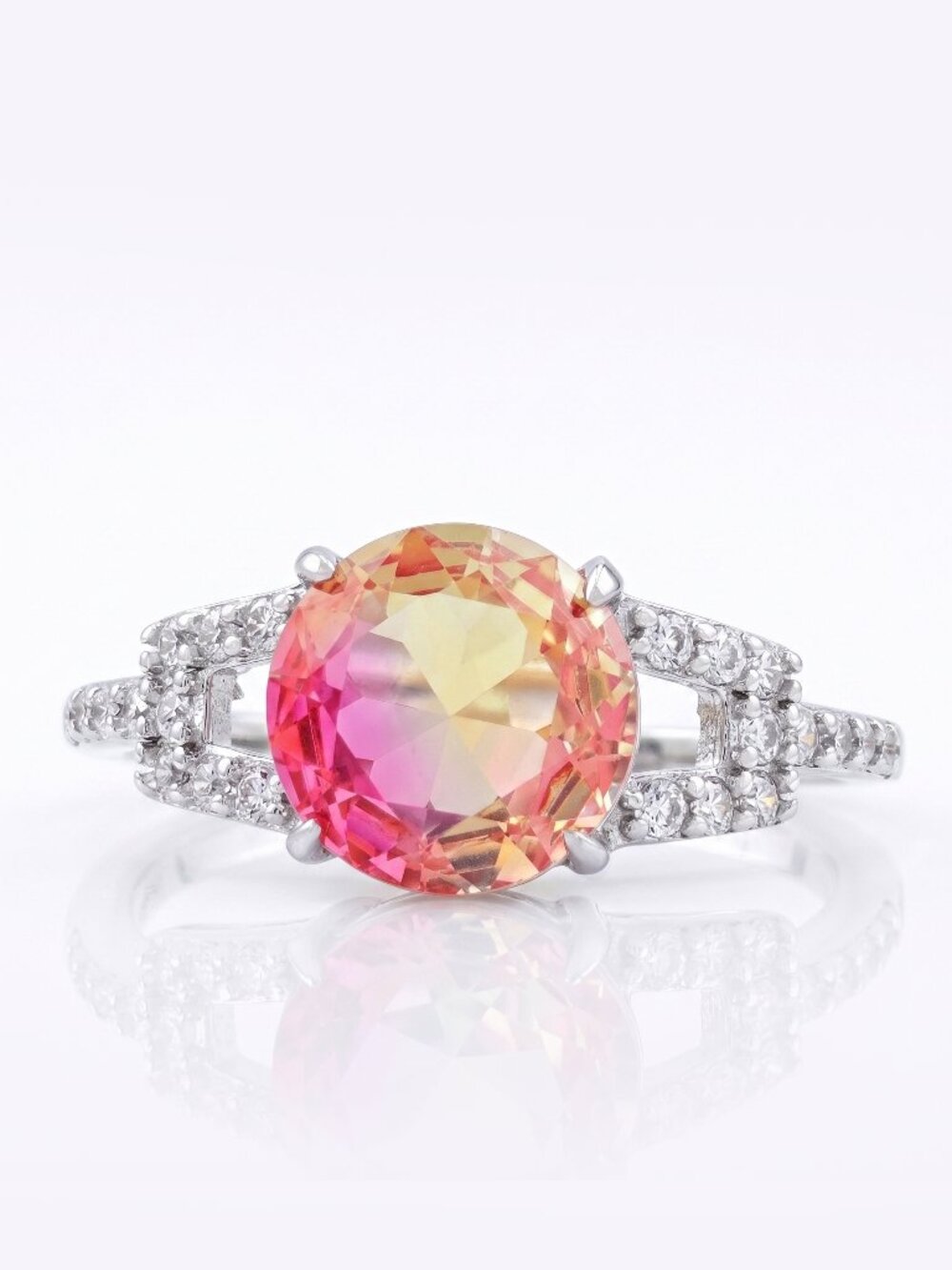 Round Pink & Peach Marquis Bi-Color Tourmaline  Ring, 925 Sterling Silver